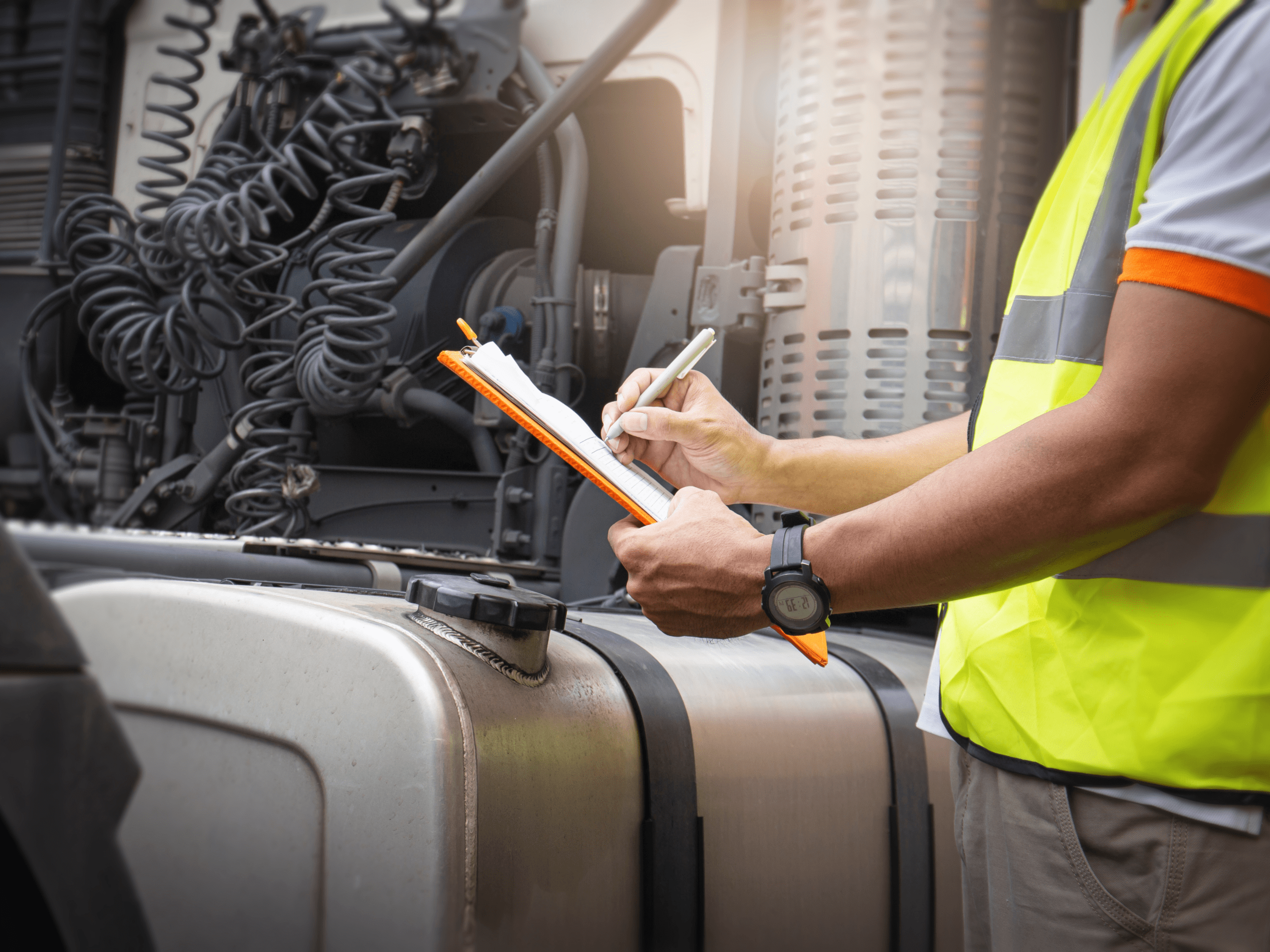 Man checking checklist for handling corrosive materials in a commercial vehicle workshop