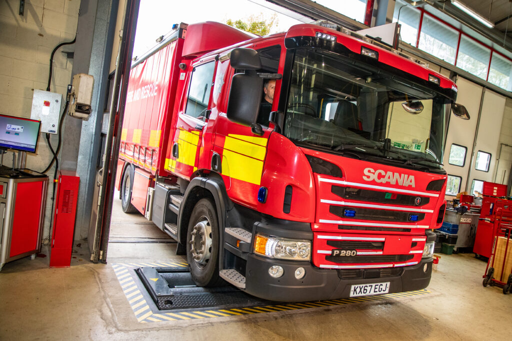 Fire engine on an in-ground brake tester